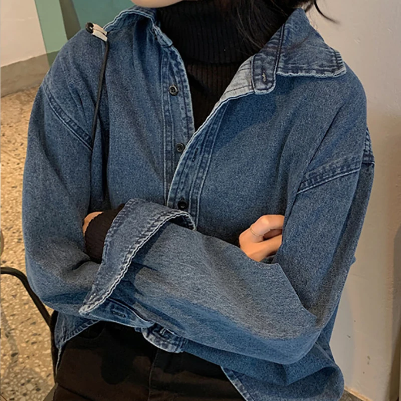 Plus Size Women Denim Shirt Long Sleeved Turn-Down Collar Solid Loose Jean Blouses Spring Fall Vintage Casual Outerwear - Image 4