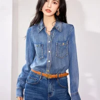 Vintage Long Sleeve Women Denim Shirt Autumn Streetwear Button Up Loose Tunic Pocket Spring Casual Turn Down Collar Clothing Top