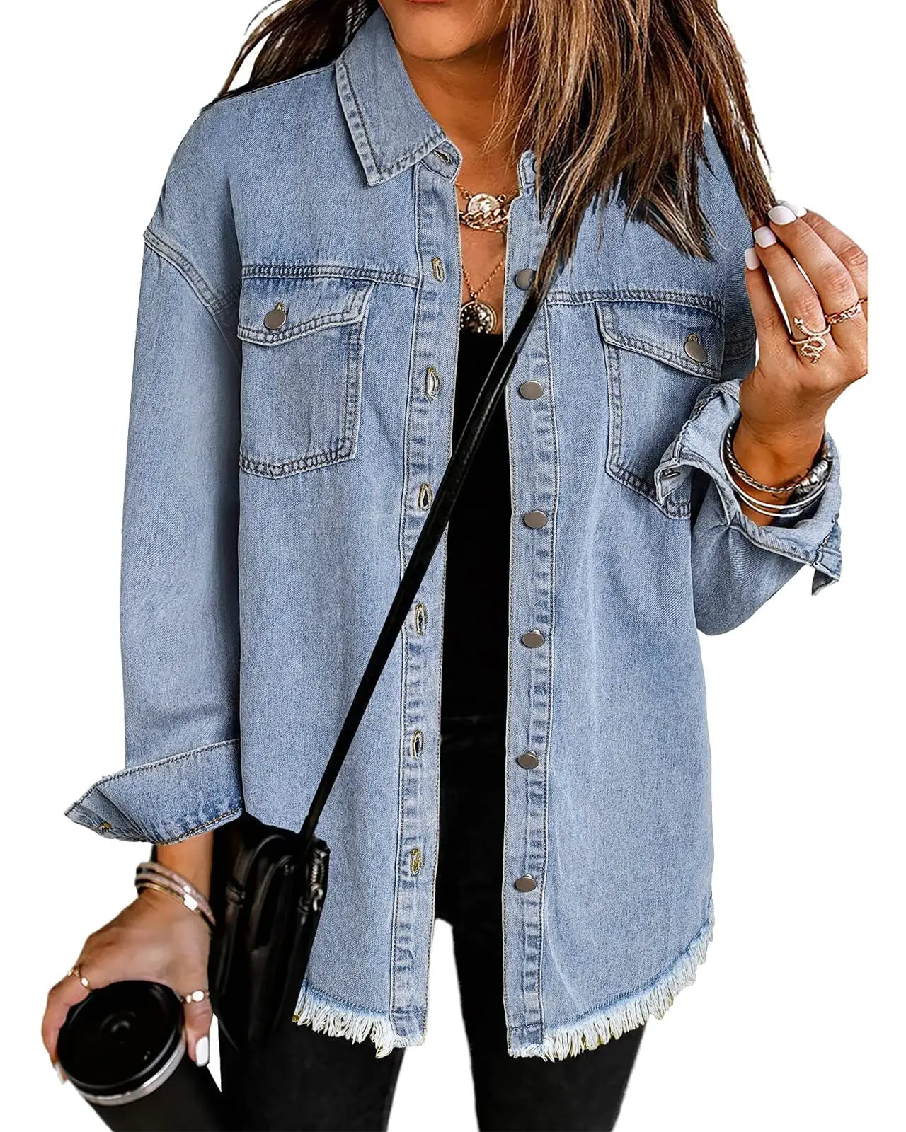 Women Shirt Oversized Denim Jacket Casual Long Sleeve Denim Shirts Distresse Jean Jacket Blue Grey 2025 Spring Outfits