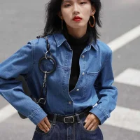 Women's Slim Fit Denim Shirt Long Sleeve Button Down Classic Collar Layering Top Korean Style Streetwear Casual 2025