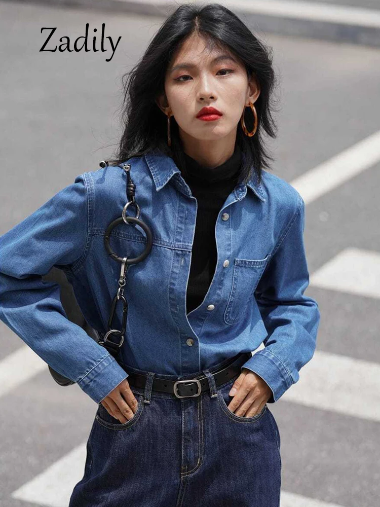Women's Slim Fit Denim Shirt Long Sleeve Button Down Classic Collar Layering Top Korean Style Streetwear Casual 2025