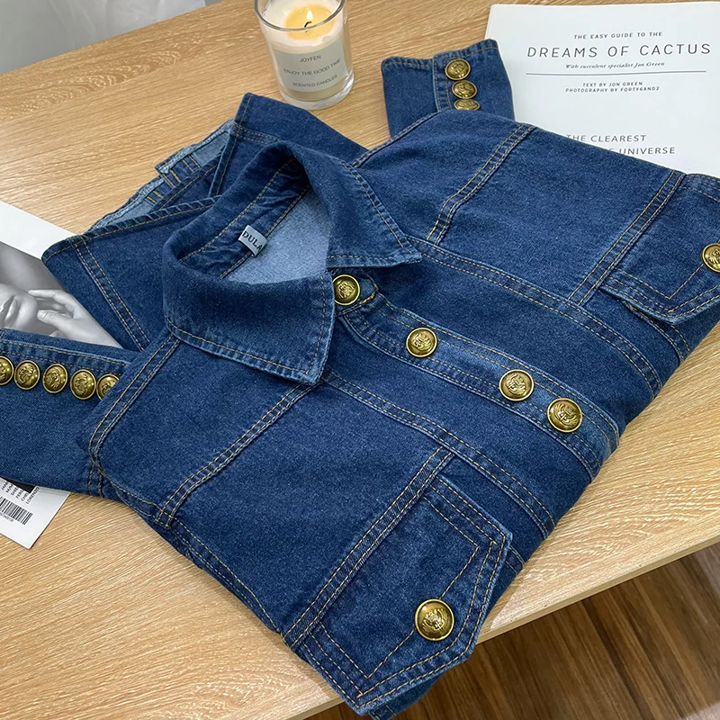 Vintage Denim Shirt Women's Spring Autumn Casual Thin Blouse New Elegant Turn-down Collar Gold Button Long Sleeve Coat Top - Image 4
