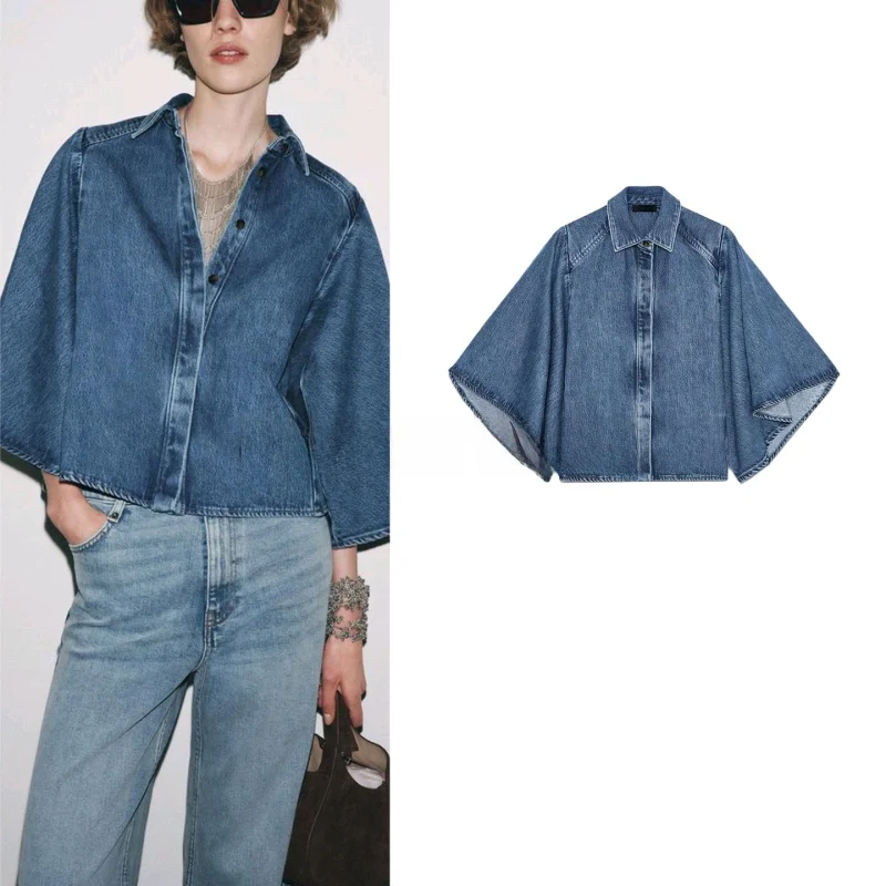Autumn New Women's Casual Long Sve V-Ne Denim irt Waed Effect Layered Decoration Loose Fit Polyester Commute Sle - Image 5