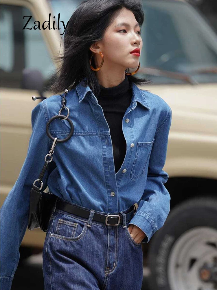 Women's Slim Fit Denim Shirt Long Sleeve Button Down Classic Collar Layering Top Korean Style Streetwear Casual 2025 - Image 2