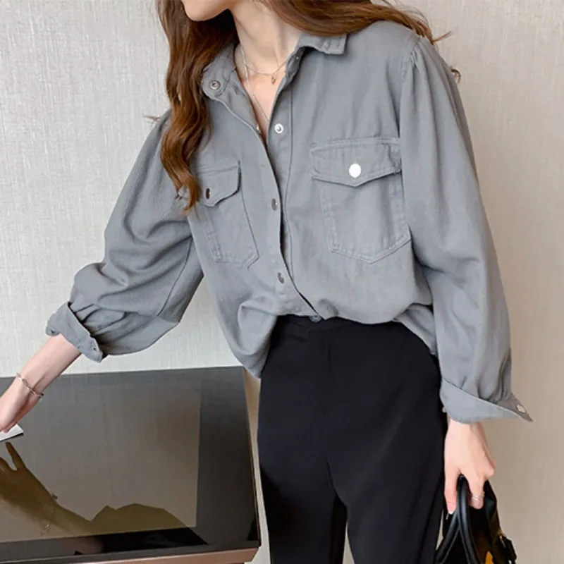 Work Wear Denim White Shirt Women's Spring Autumn New Top Loose Versatile Long Sleeves Blouses - Image 2