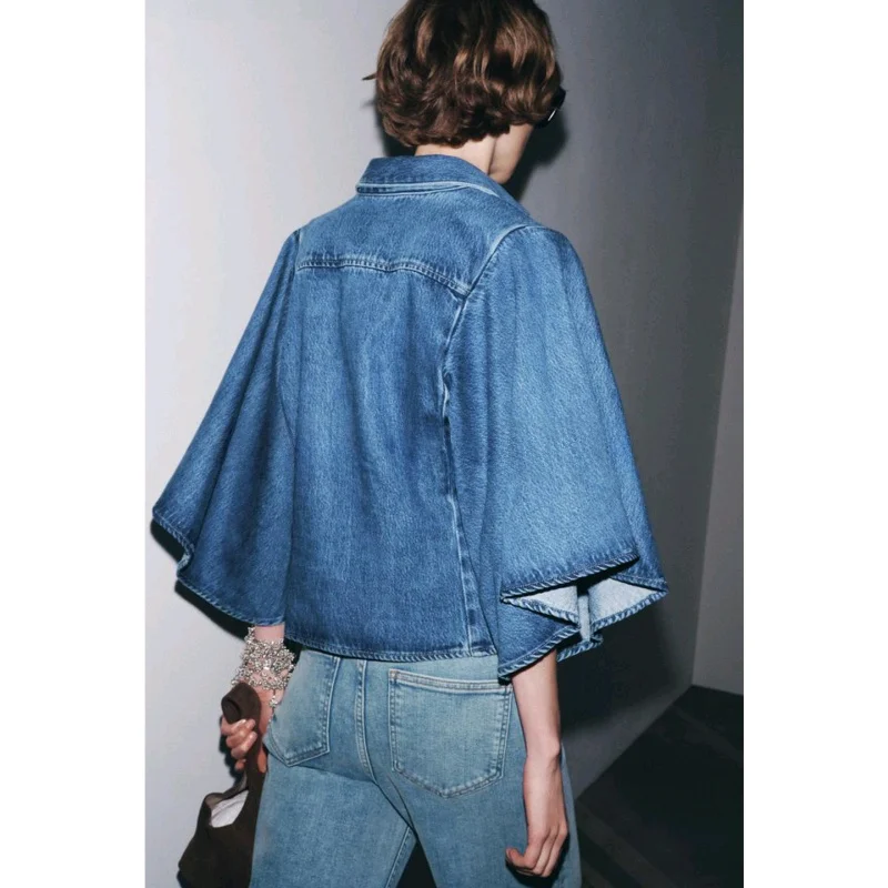 Autumn New Women's Casual Long Sve V-Ne Denim irt Waed Effect Layered Decoration Loose Fit Polyester Commute Sle - Image 3