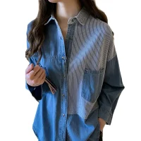 Women's Long Sleeve Denim Shirt Loose Cotton Blouse Turn Down Collar Dark Blue Tops Korean Fashion Autumn New 7256
