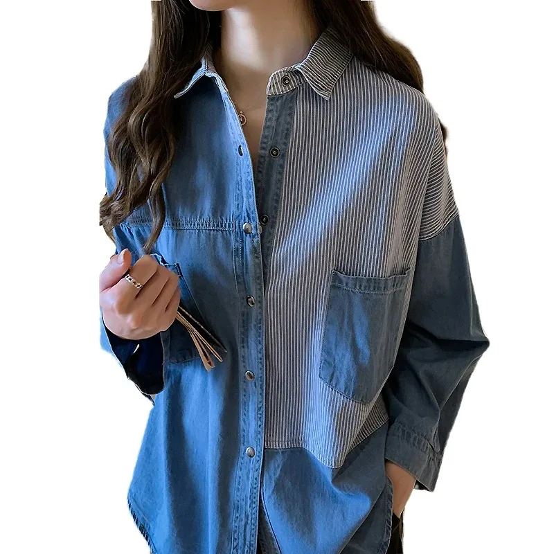 Women's Long Sleeve Denim Shirt Loose Cotton Blouse Turn Down Collar Dark Blue Tops Korean Fashion Autumn New 7256
