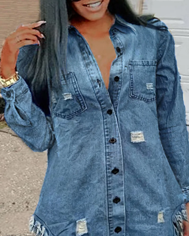 Ripped Raw Hem Asymmetrical Denim Tops Casual Shirts Women Fashion Pockets Single Breasted Button Dress - Image 2