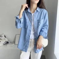 Autumn 2025 New Denim Shirts And Blouse For Women Korean Style Long Sleeve Top Blue Or Sky Blue Color Jeans Elegant Blouses