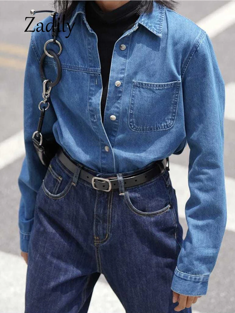 Women's Slim Fit Denim Shirt Long Sleeve Button Down Classic Collar Layering Top Korean Style Streetwear Casual 2025 - Image 4