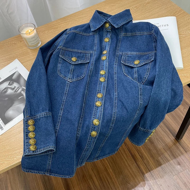 Vintage Denim Shirt Women's Spring Autumn Casual Thin Blouse New Elegant Turn-down Collar Gold Button Long Sleeve Coat Top