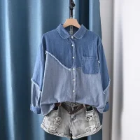 Harajuku fashion patchwork denim blouse women long sleeves denim shirts for women spring vintage asymmetric jean shirts outwear