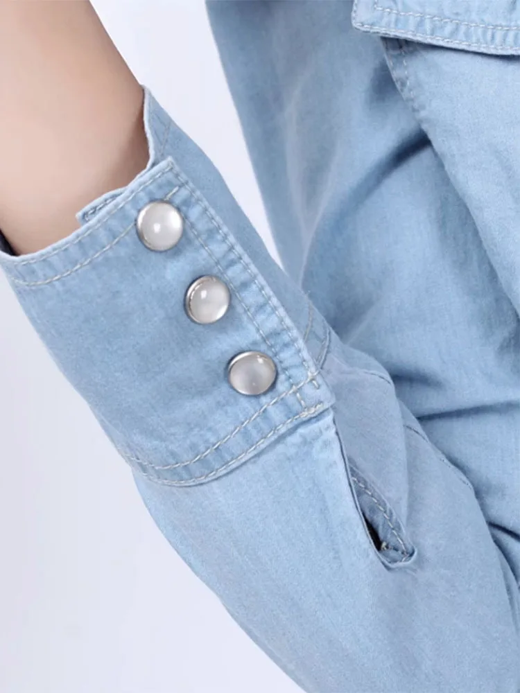 Spring 2026 New Denim Shirts And Blouse For Women Korean Style Long Sleeve Top Blue Or Sky Blue Color Jeans Elegant Blouses - Image 4