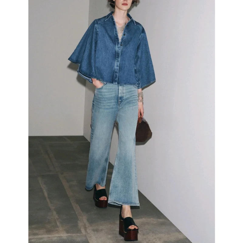 Autumn New Women's Casual Long Sve V-Ne Denim irt Waed Effect Layered Decoration Loose Fit Polyester Commute Sle - Image 4