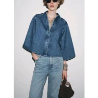 Autumn New Women's Casual Long Sve V-Ne Denim irt Waed Effect Layered Decoration Loose Fit Polyester Commute Sle