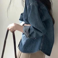 Loose Fit Casual Denim irt Women's Korean Sle Early Spring Outfit Vintage Collar irt Jaet Collar Long Sve