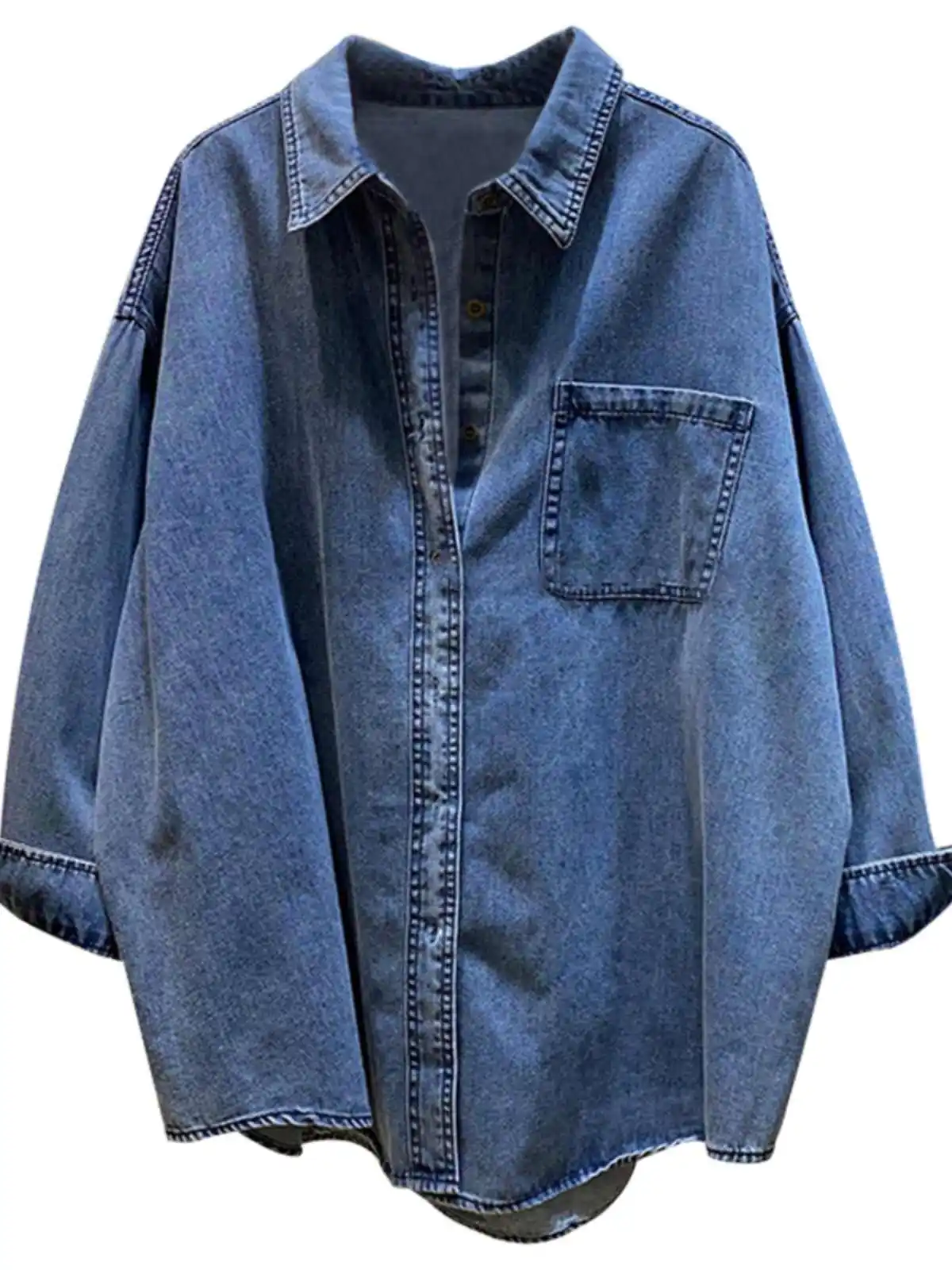 Spring Autumn Blue Denim Shirts Women Loose Versatile Turn-down Collar Single Breasted Thin Jackets Female Casual Blouse - Image 2