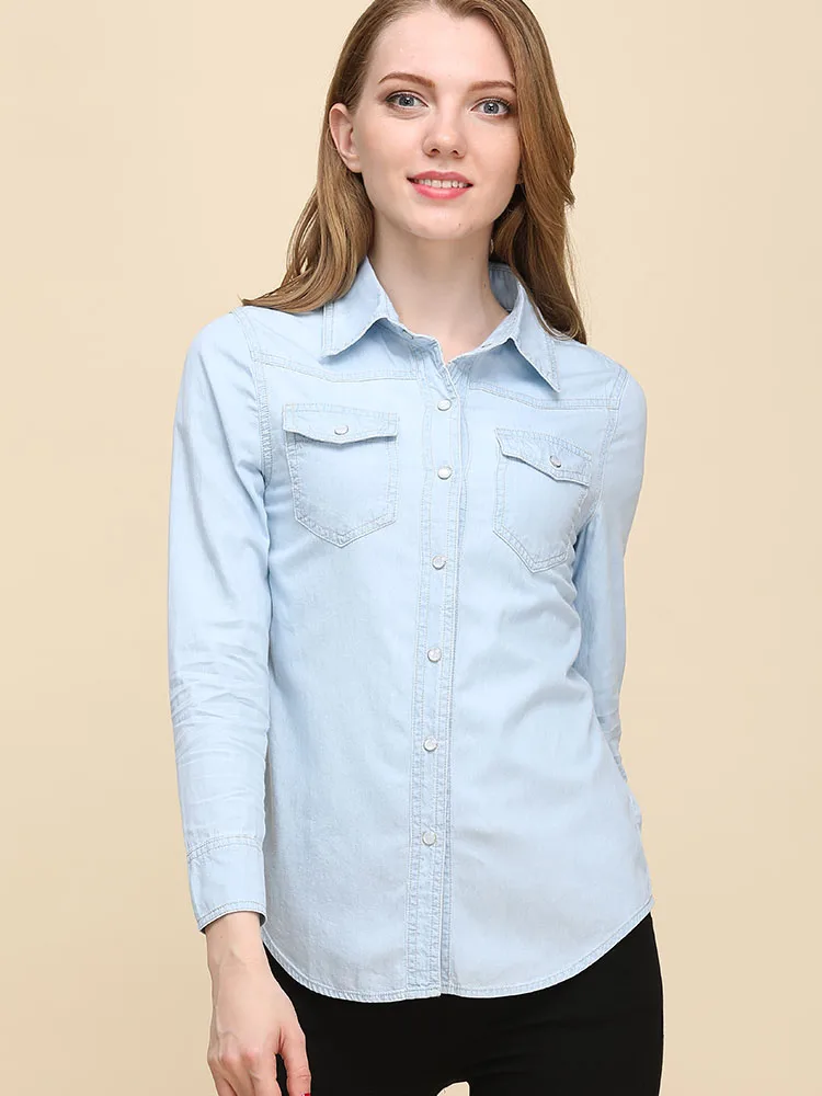 Spring 2026 New Denim Shirts And Blouse For Women Korean Style Long Sleeve Top Blue Or Sky Blue Color Jeans Elegant Blouses - Image 2
