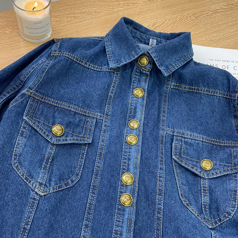 Vintage Denim Shirt Women's Spring Autumn Casual Thin Blouse New Elegant Turn-down Collar Gold Button Long Sleeve Coat Top - Image 3