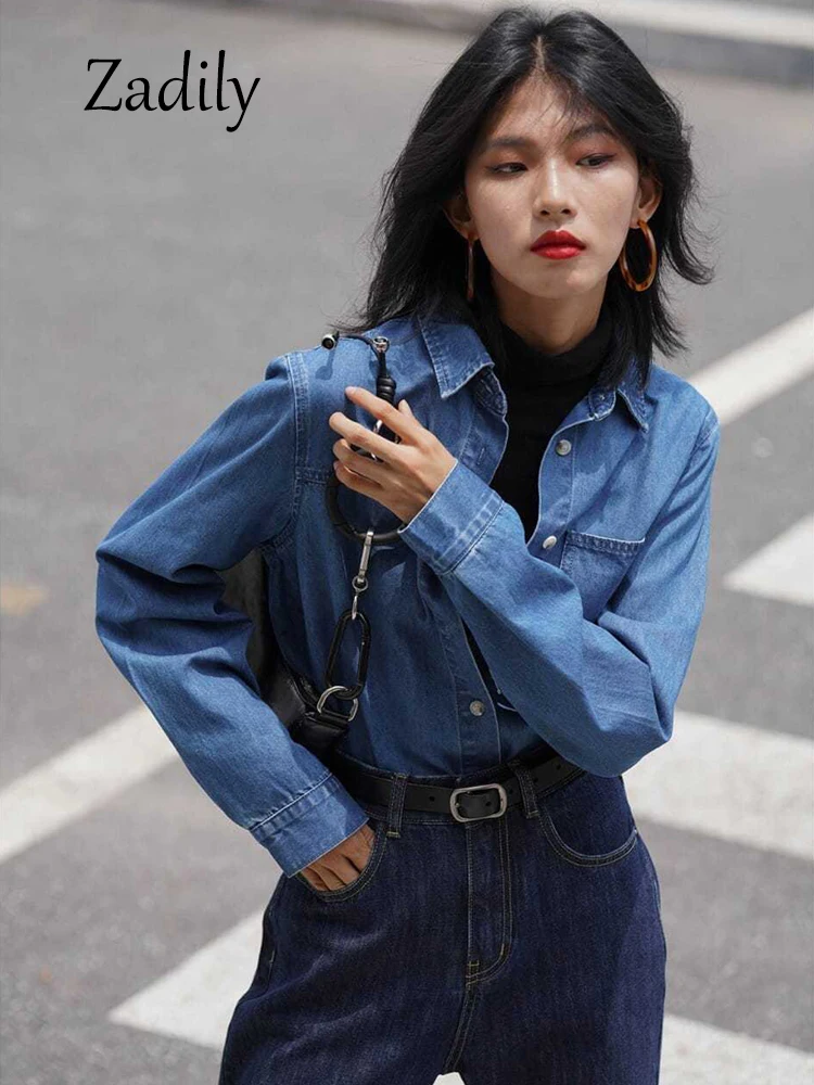 Women's Slim Fit Denim Shirt Long Sleeve Button Down Classic Collar Layering Top Korean Style Streetwear Casual 2025 - Image 3