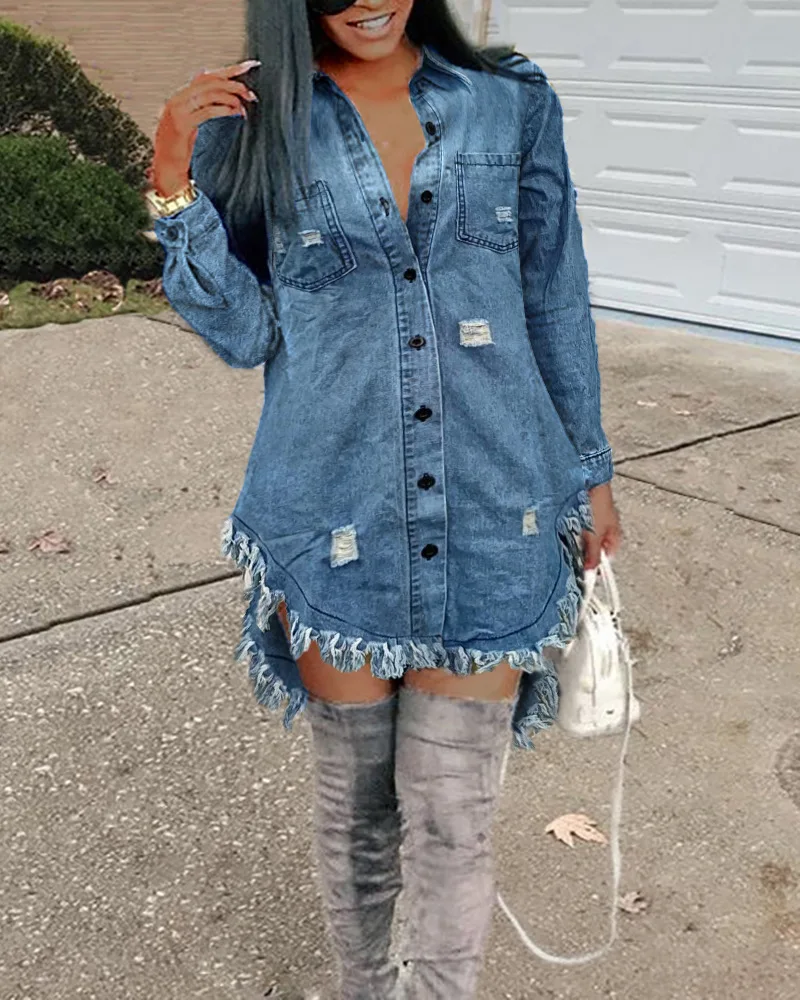Ripped Raw Hem Asymmetrical Denim Tops Casual Shirts Women Fashion Pockets Single Breasted Button Dress - Image 3