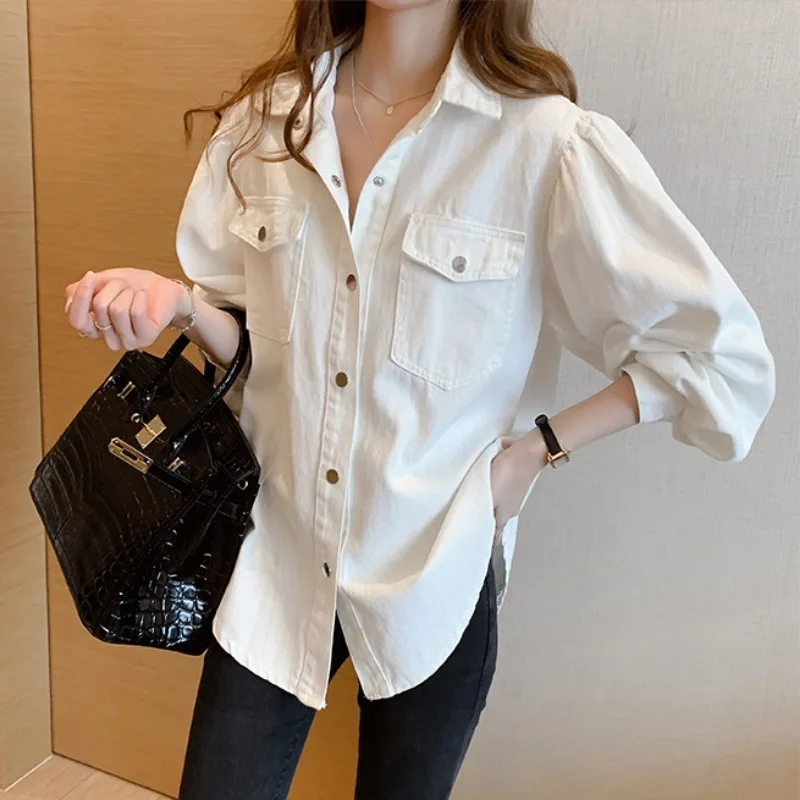 Work Wear Denim White Shirt Women's Spring Autumn New Top Loose Versatile Long Sleeves Blouses - Image 3