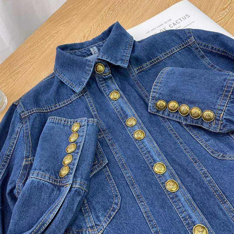 Vintage Denim Shirt Women's Spring Autumn Casual Thin Blouse New Elegant Turn-down Collar Gold Button Long Sleeve Coat Top - Image 5