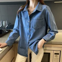 Women's Retro Blue Denim Shirt Spring 2026 Long Sleeved Solid Single Breasted Jeans Jacket for Casual Wear