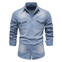Men's casual solid - color long - sleeve denim shirt, a fashionable and versatile breathable cotton coat.