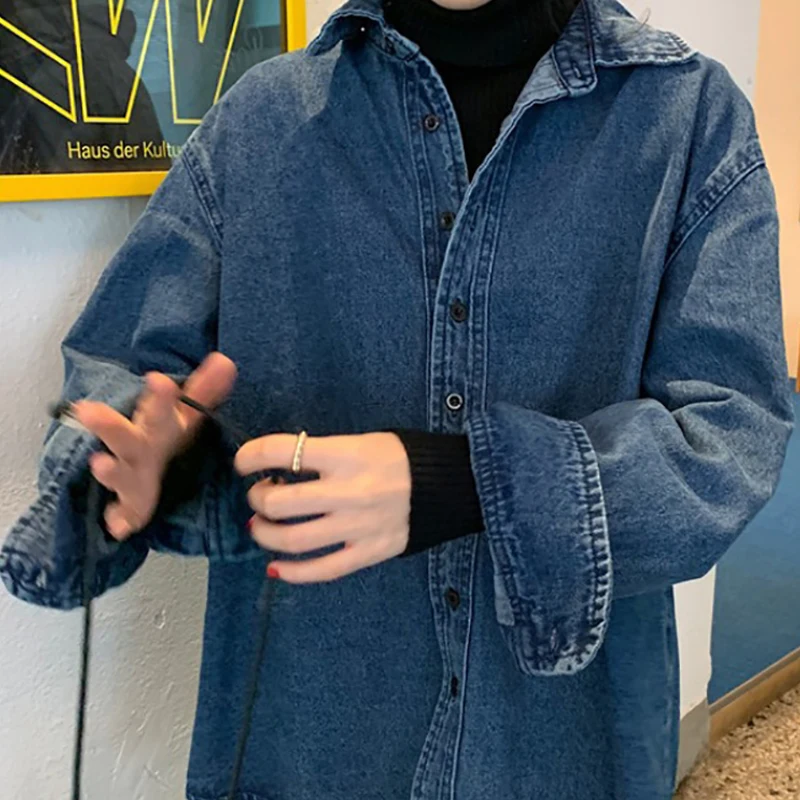 Plus Size Women Denim Shirt Long Sleeved Turn-Down Collar Solid Loose Jean Blouses Spring Fall Vintage Casual Outerwear - Image 2