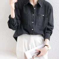Black Thin Vintage Denim Shirts For Women 2024 Spring Streetwear Retro Long Sleeve Loose Jeans Tops Lady