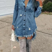 Ripped Raw Hem Asymmetrical Denim Tops Casual Shirts Women Fashion Pockets Single Breasted Button Dress