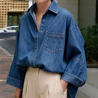 Krisstargirls Women's Lazy Style Denim Shirt 2026 Classic Collar Pocket Design Loose Spring Autumn Casual Office Daily Lady Top