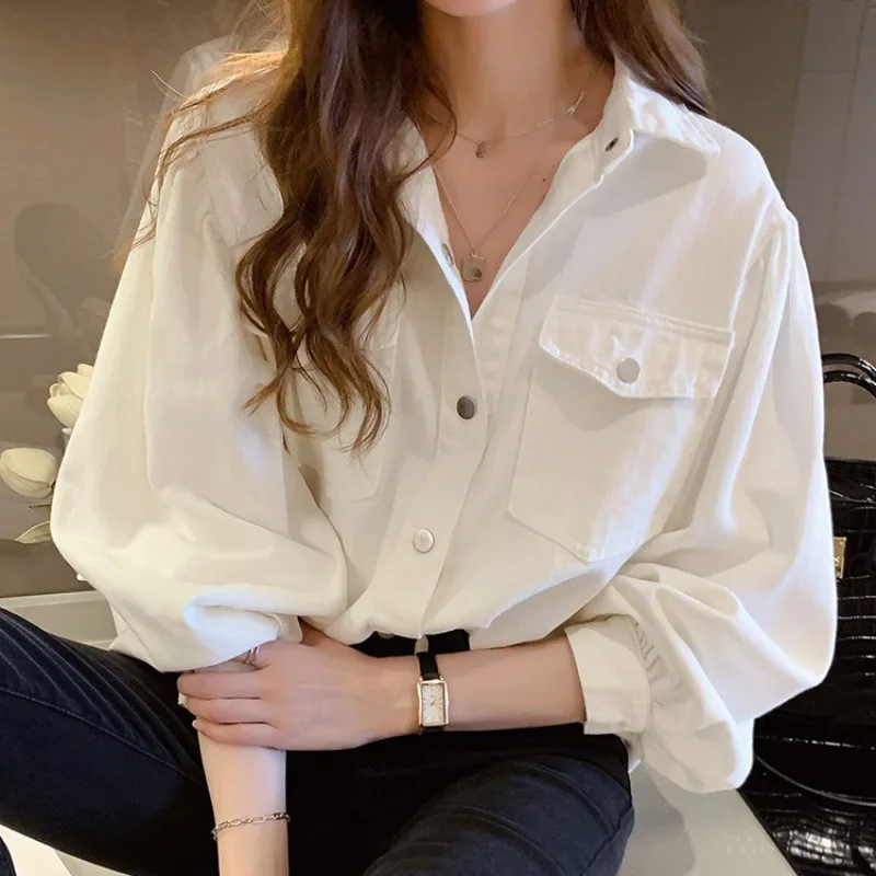 Work Wear Denim White Shirt Women's Spring Autumn New Top Loose Versatile Long Sleeves Blouses