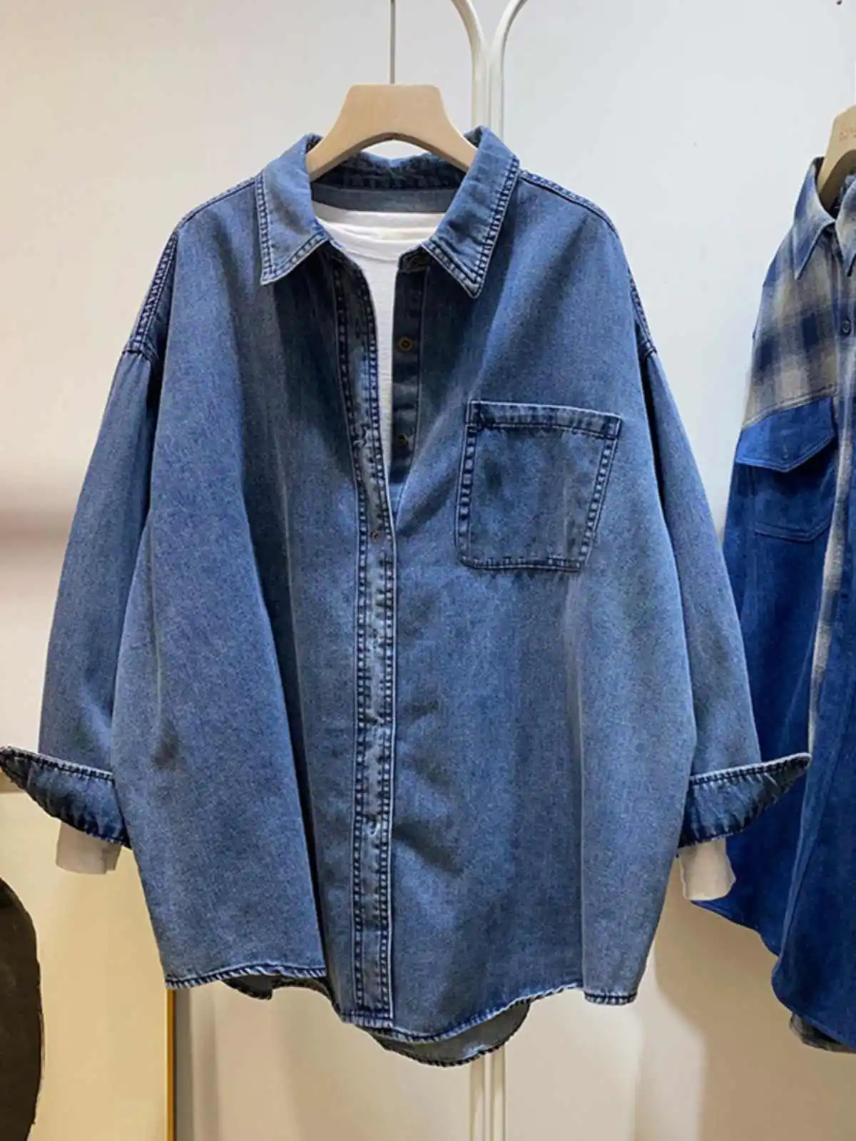 Spring Autumn Blue Denim Shirts Women Loose Versatile Turn-down Collar Single Breasted Thin Jackets Female Casual Blouse