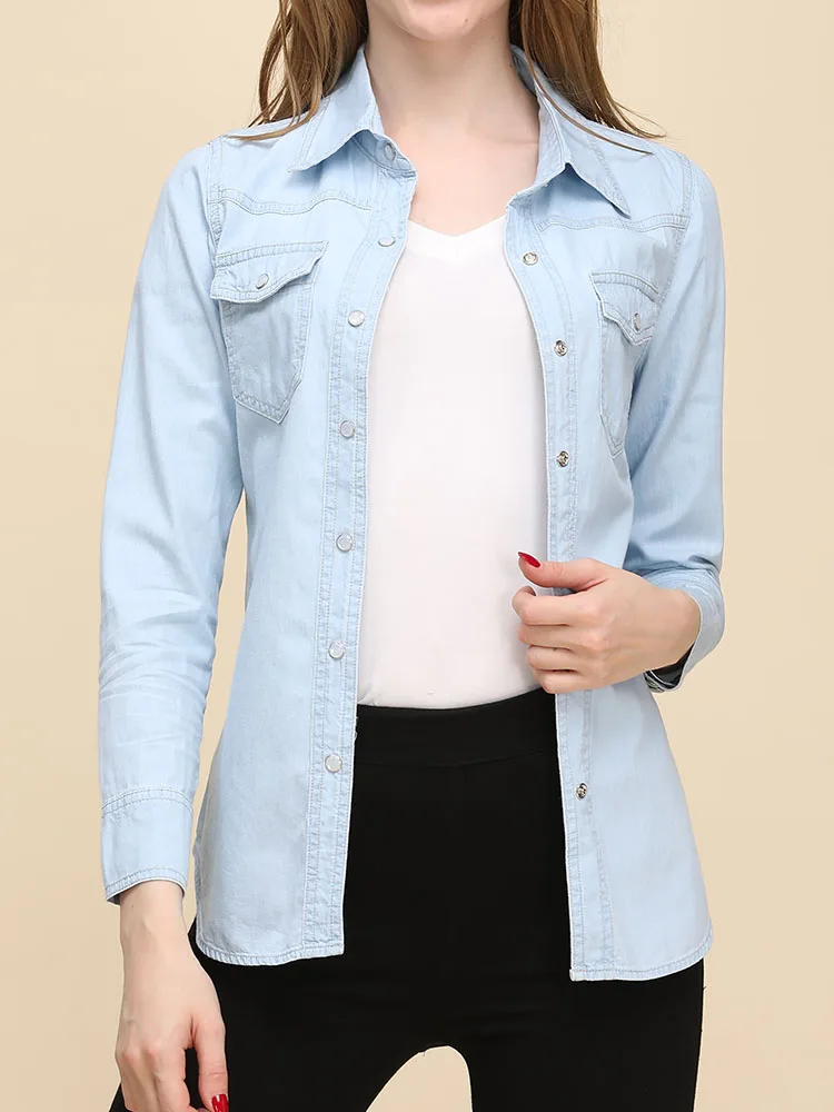 Spring 2026 New Denim Shirts And Blouse For Women Korean Style Long Sleeve Top Blue Or Sky Blue Color Jeans Elegant Blouses - Image 3